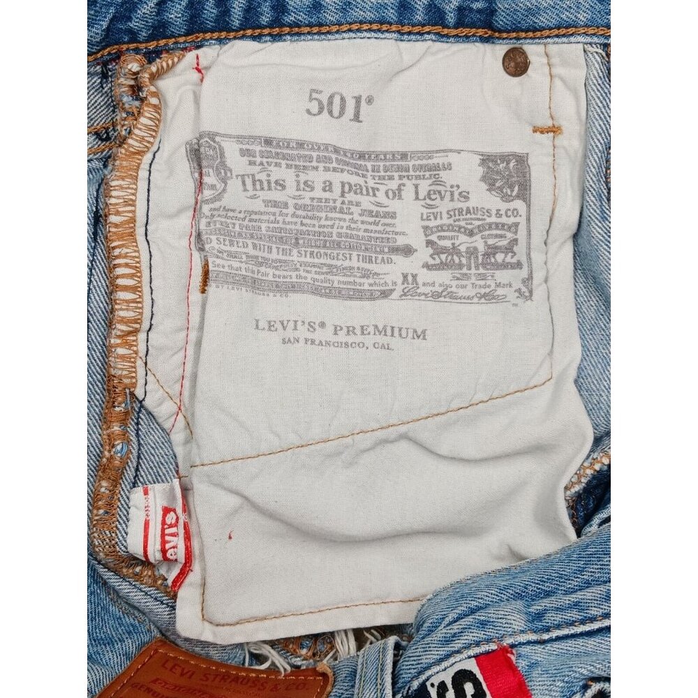 LEVIS 501 Premium Sport Tape Denim Jean Shorts Cutoffs Frayed Hem Big E Sz 26 - Picture 14 of 16